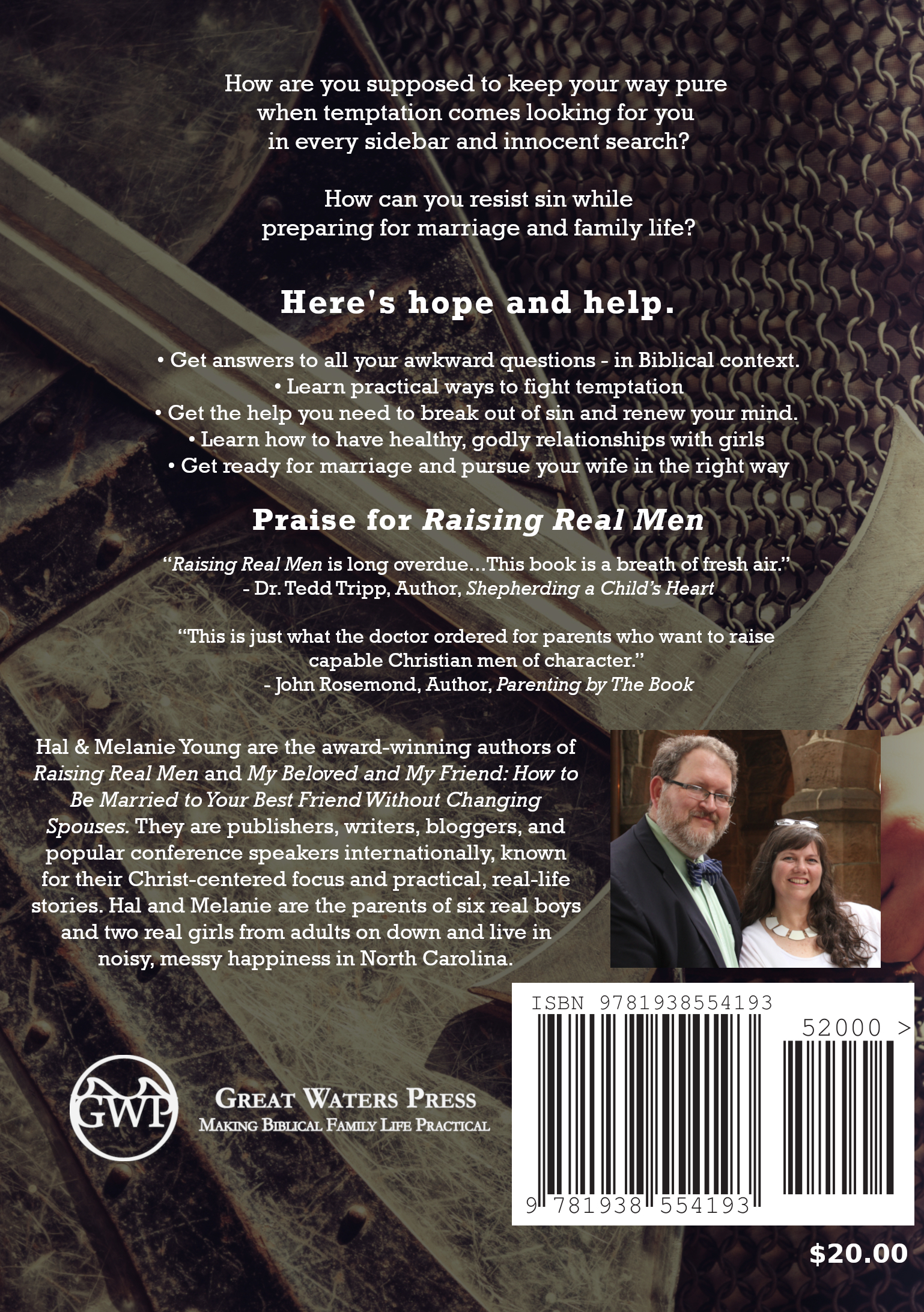Love Honor and Virtue back cover with semi-transparent image of a sword