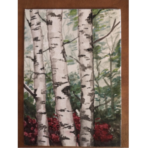 Watercolor painting of birch trees with red flowers in the lower background on a canvas