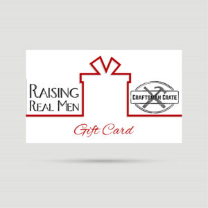 Gift Card with Raising Real Men and Raising Real Men Logos, the words Gift Card and the silhouette of a gift in red.