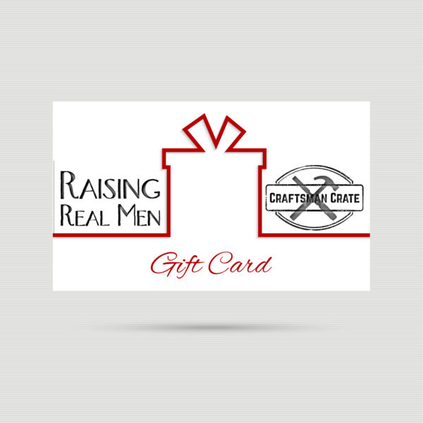 Gift Card with Raising Real Men and Raising Real Men Logos, the words Gift Card and the silhouette of a gift in red.