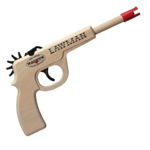 Wooden rubberband pistol with Lawman burned on the side and a orange cap on the end.
