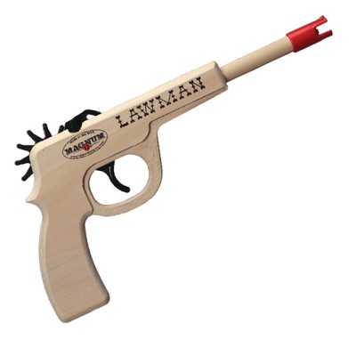 Lawman Rubberband Gun-400x400 Wooden rubberband pistol with Lawman burned on the side and a orange cap on the end.