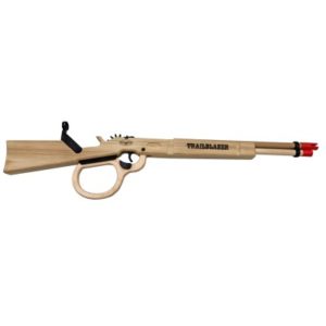 A lever action wooden rubberband rifle with Trailblazer burned on the side.